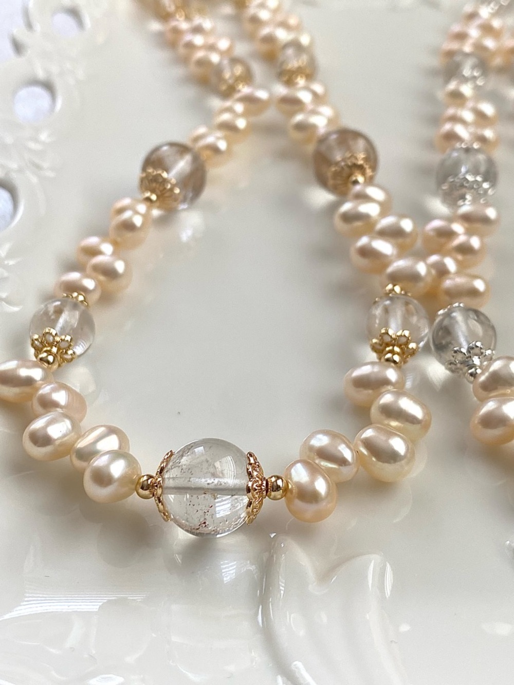 GP66-Handmade High Quality Champagne Freshwater Pearl And Clear Quartz Necklace - Picture 5 of 10